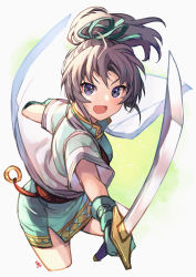 Rule 34 | 1girl, :d, aqua dress, belt, commentary, dress, fir (fire emblem), fire emblem, fire emblem: the binding blade, gloves, green ribbon, hair ribbon, highres, holding, holding sword, holding weapon, jacket, long hair, looking at viewer, nakabayashi zun, nintendo, open clothes, open jacket, open mouth, ponytail, purple eyes, purple hair, ribbon, short dress, smile, solo, sword, weapon, white background