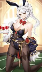 Rule 34 | 1girl, absurdres, alcohol, animal ears, bad id, bad pixiv id, bare shoulders, black leotard, blush, braid, braided bangs, breasts, casul, cleavage, cup, drinking glass, erune, fraux, granblue fantasy, highleg, highleg leotard, highres, large breasts, leotard, long hair, looking at viewer, pantyhose, playboy bunny, rabbit ears, smile, solo, swept bangs, thighs, tray, twintails, white hair, wine, wine glass, yellow eyes