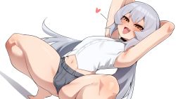 Rule 34 | 1boy, armpits, arms behind head, bad id, bad twitter id, black choker, blush, bulge, choker, commentary request, fang, grey hair, heart, highres, in (ain), korean commentary, long hair, looking at viewer, male focus, navel, open mouth, shirt, short shorts, shorts, simple background, sleeveless, sleeveless shirt, solo, squatting, tongkkangi, tongkkangi (streamer), trap, virtual youtuber, white background, white shirt, yellow eyes