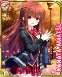 Rule 34 | 1girl, :d, amatsu kanata, black coat, blazer, blue jacket, bow, bowtie, brown hair, card, character name, coat, day, girlfriend (kari), jacket, long hair, official art, open mouth, outdoors, own hands together, plaid, plaid coat, plaid skirt, qp:flapper, red bow, red eyes, red skirt, school uniform, shirt, skirt, smile, solo, standing, tagme, white day, white shirt