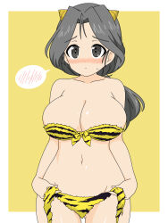 Rule 34 | 1girl, animal print, barefoot, bikini, blush, breasts, cleavage, closed mouth, commentary, cone horns, cowboy shot, freckles, front-tie bikini top, front-tie top, fur bikini, girls und panzer, grey eyes, grey hair, groin, highres, horns, ichinose jun, large breasts, light frown, long hair, looking at viewer, low ponytail, navel, piyotan (girls und panzer), ponytail, print bikini, setsubun, side-tie bikini bottom, solo, spoken blush, standing, strapless, strapless bikini, sweatdrop, swimsuit, tiger print, untied bikini, yellow background, yellow bikini