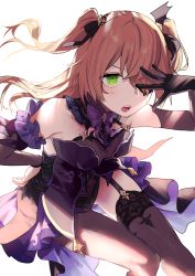 Rule 34 | 1girl, bare shoulders, black gloves, black thighhighs, blonde hair, bow, breasts, elbow gloves, eyebrows hidden by hair, fischl (genshin impact), genshin impact, gloves, green eyes, hair over one eye, hairband, highres, long hair, looking at viewer, moegi0926, open mouth, simple background, skirt, solo, thighhighs, twintails, white background