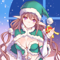 Rule 34 | 1girl, box, breasts, brown hair, capelet, christmas, cleavage, detached sleeves, gift, gift box, hat, head tilt, highres, large breasts, long hair, looking at viewer, low twintails, midriff, p-kana, pointy ears, purple eyes, rinna mayfield, santa costume, santa hat, scrunchie, shining (series), shining resonance, smile, solo, star (symbol), twintails, upper body