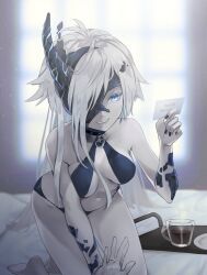 Rule 34 | 1girl, abyssal ship, asymmetrical hair, barefoot, bed, black nails, blue eyes, breasts, choker, commission, heart lock (kantai collection), highres, horns, jewelry, kantai collection, long hair, medium breasts, ne-class heavy cruiser, pale skin, marriage proposal, ring, ruohire9, single horn, skeb commission, smile, solo, swimsuit, white hair
