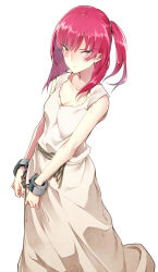 Rule 34 | 1girl, bound, bound wrists, breasts, cleavage, collarbone, cuffs, dress, floating hair, handcuffs, long hair, looking at viewer, magi the labyrinth of magic, medium breasts, morgiana, nanao (mahaya), red hair, shackles, side ponytail, simple background, sleeveless, sleeveless dress, solo, standing, sweater, white background, white dress, yellow sweater