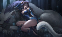 Rule 34 | 1girl, armor, armored boots, armored dress, barefoot, blue eyes, boots, breasts, brown hair, circlet, cleavage, dota (series), dota 2, gauntlets, grass, highres, lion, lips, long hair, looking at viewer, mirana (dota), outdoors, solo, toes, yuwei li