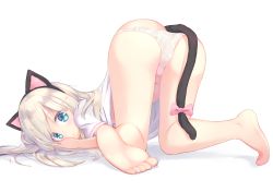Rule 34 | 1girl, :o, all fours, animal ears, ass, barefoot, blue eyes, cat ears, cat tail, fake animal ears, feet, full body, highres, kneepits, legs, long hair, looking at viewer, navel, original, panties, panty pull, see-through, senifu, shirt, short sleeves, simple background, soles, solo, tail, thighs, toes, top-down bottom-up, underwear, white hair, white panties, white shirt