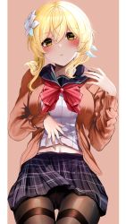 Rule 34 | 1girl, absurdres, blonde hair, blush, breasts, flower, genshin impact, hair flower, hair ornament, highres, large breasts, looking at viewer, lumine (genshin impact), navel, niduannowu, pantyhose, simple background, skirt, solo, standing, thigh gap, thighs, yellow eyes