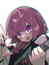 Rule 34 | 1girl, bass guitar, black bow, black nails, blush, bocchi the rock!, bow, braid, chromatic aberration, hair bow, hair over shoulder, highres, hiroi kikuri, holding, holding instrument, instrument, jacket, long hair, long sleeves, looking at viewer, open clothes, open jacket, open mouth, purple eyes, purple hair, sharp teeth, simple background, single braid, smile, solo, teeth, umi painter, upper body, white background