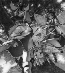 Rule 34 | 3girls, arms at sides, blouse, bow, bowtie, drill hair, fairy, fairy wings, flying, greyscale, hair bow, in tree, light rays, long hair, luna child, monochrome, mukago, mukago (nemo1729), multiple girls, neck ribbon, open mouth, quad drills, ribbon, rooftop, shirt, shoes, sitting, sitting in tree, skirt, smile, socks, star sapphire, sunbeam, sunlight, sunny milk, touhou, traditional media, tree, twintails, upside-down, wide sleeves, wings