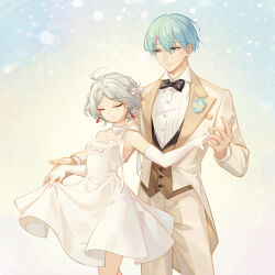 Rule 34 | 1boy, 1girl, absurdres, ahoge, alternate costume, alternate hairstyle, bare shoulders, blue eyes, blue hair, bow, bowtie, breasts, charcoal carbon, choker, closed eyes, closed mouth, collared shirt, commentary request, dancing, dress, earrings, elbow gloves, elf, formal, frieren, gloves, grey hair, hair ribbon, halter dress, halterneck, height difference, hetero, highres, himmel (sousou no frieren), jewelry, long sleeves, looking at another, mole, mole under eye, pointy ears, ribbon, shirt, short hair, small breasts, smile, sousou no frieren, suit, tailcoat, traditional bowtie, vest, white choker, white dress, white gloves, white shirt, white suit