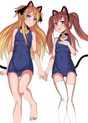 Rule 34 | 2girls, absurdres, aloe, aloe (quiz magic academy), animal ears, bad id, bad pixiv id, bare legs, barefoot, bell, blonde hair, blue eyes, blush, breasts, brown eyes, brown hair, cat ears, cat tail, collar, feet, highres, holding hands, jingle bell, legs, long hair, lying, multiple girls, neck bell, on back, one-piece swimsuit, orochi itto, quiz magic academy, school swimsuit, shalon, small breasts, swimsuit, tail, thighhighs, twintails, two side up, white thighhighs