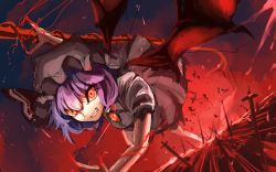 Rule 34 | 1girl, bad id, bad pixiv id, bat wings, blood, cross, detached sleeves, foreshortening, grin, hat, jewelry, pendant, planted sword, planted, purple hair, red eyes, red theme, remilia scarlet, shirorin (ballet girl&#039;s), short hair, smile, spear the gungnir, sword, touhou, wallpaper, weapon, wings
