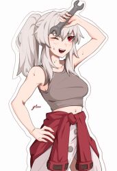 Rule 34 | 1girl, aged up, arm up, blush, breasts, clara (honkai: star rail), cowboy shot, glowy (gloww), grey hair, hand on own hip, highres, holding, holding wrench, honkai: star rail, honkai (series), long hair, midriff, one eye closed, open mouth, outline, ponytail, red eyes, russian commentary, signature, simple background, small breasts, smile, solo, sweat, tank top, tied sweater, white background, wrench