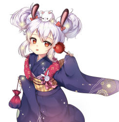 Rule 34 | 1girl, animal, animal ears, animal on head, azur lane, blue kimono, bow, candy apple, closed mouth, double bun, echu, fingernails, floral print, food, hair between eyes, hair bow, hair bun, hair ornament, highres, holding, holding food, japanese clothes, kimono, kinchaku, laffey (azur lane), laffey (snow rabbit and candy apple) (azur lane), long sleeves, obi, on head, pinching sleeves, pouch, print kimono, rabbit ears, red bow, red eyes, sash, side bun, sidelocks, silver hair, simple background, sleeves past wrists, solo, tongue, tongue out, white background, wide sleeves