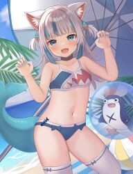 Rule 34 | 1girl, absurdres, animal ears, bare shoulders, bloop (gawr gura), blue eyes, cat ears, gawr gura, highres, hololive, hololive english, looking at viewer, multicolored hair, nekopurin (nyanko prin), open mouth, outdoors, smile, solo, streaked hair, swimsuit, virtual youtuber