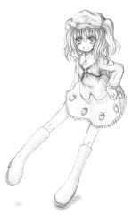 Rule 34 | 1girl, :d, boots, collar, dress, female focus, flat cap, full body, greyscale, hat, kawashiro nitori, key, kurona, looking at viewer, monochrome, open mouth, pocket, rubber boots, short hair, smile, solo, thighhighs, touhou, two side up, zettai ryouiki