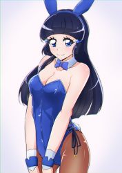 Rule 34 | 1girl, animal ears, aoki reika, blue eyes, blue hair, blue hairband, blue leotard, blue neckwear, blue ribbon, blunt bangs, boh stick, breasts, brown pantyhose, cleavage, closed mouth, collarbone, cowboy shot, detached collar, fake animal ears, fake tail, hairband, highres, leotard, long hair, medium breasts, pantyhose, precure, rabbit ears, rabbit tail, ribbon, simple background, smile, smile precure!, solo, standing, strapless, strapless leotard, tail, very long hair, white background