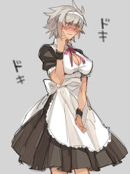 Rule 34 | 1girl, alternate costume, arc system works, blazblue, blazblue: chronophantasma, blush, breasts, bullet (blazblue), cleavage, cleavage cutout, clothing cutout, enmaided, grey background, hairband, heartbeat, large breasts, maid, maid headdress, ribbon, short hair, simple background, solo, tomo (tomorag7), white hair, wrist cuffs