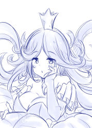 Rule 34 | 10s, 1girl, belladonna (granblue fantasy), blue theme, blush, breasts, crown, elbow gloves, fingerless gloves, floating hair, gloves, granblue fantasy, half-closed eyes, hand on own cheek, hand on own face, hand up, highres, large breasts, leaf, long hair, mini crown, monochrome, nono (totokin), parted lips, plant, sketch, solo
