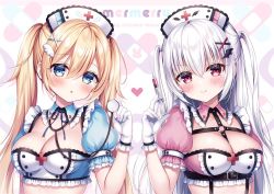Rule 34 | &gt;:), 2girls, :o, between breasts, blonde hair, blue collar, blue eyes, blue shirt, blush, breasts, cleavage, closed mouth, collar, collarbone, commentary, detached collar, frilled collar, frilled gloves, frills, gloves, hair between eyes, hair ornament, hairclip, hat, heart, holding, holding syringe, long hair, medium breasts, mitsuba choco, multiple girls, nurse cap, o-ring, o-ring top, original, parted lips, pink collar, pink shirt, puffy short sleeves, puffy sleeves, red eyes, shirt, short sleeves, smile, stethoscope, symbol-only commentary, syringe, twintails, two side up, upper body, v-shaped eyebrows, very long hair, white gloves, white hair, white headwear, wing collar, wing hair ornament, x hair ornament