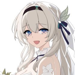 Rule 34 | 1girl, :d, bare shoulders, black hairband, blue eyes, blue pupils, blue ribbon, bow, breasts, cleavage, collared shirt, detached sleeves, firefly (honkai: star rail), from side, grey hair, hair between eyes, hair bow, hair intakes, hair ribbon, hairband, honkai: star rail, honkai (series), long hair, looking at viewer, medium breasts, open mouth, pink eyes, portrait, ribbon, shirt, sidelocks, simple background, sleeveless, sleeveless shirt, smile, solo, two-tone eyes, wen yi (user yczf3785), white background, white bow, white shirt, white sleeves