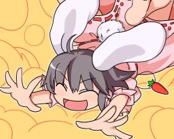 Rule 34 | 1girl, :d, ^ ^, animal ears, black hair, blush, carrot, closed eyes, dress, fallen down, female focus, highres, inaba tewi, iyau, open mouth, outstretched arms, pink dress, puffy short sleeves, puffy sleeves, rabbit ears, short sleeves, smile, solo, touhou, upper body