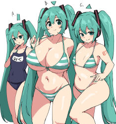 Rule 34 | 3girls, absurdres, bikini pull, blue one-piece swimsuit, breasts, cleavage, closed mouth, clothes pull, flat chest, green eyes, green hair, hair ornament, hatsune miku, highres, huge breasts, long hair, looking at viewer, multiple girls, number tattoo, one-piece swimsuit, open mouth, pulled by self, school swimsuit, simple background, size comparison, small breasts, smile, standing, swimsuit, tattoo, tenten (chan4545), twintails, very long hair, vocaloid, white background