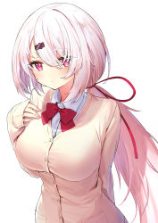 Rule 34 | 1girl, blush, bow, breasts, brown cardigan, cardigan, closed mouth, collared shirt, commentary request, dress shirt, gradient hair, hair ornament, hair over one eye, hair ribbon, hairclip, hand up, highres, long hair, long sleeves, looking at viewer, medium breasts, miruto netsuki, multicolored hair, nijisanji, pink hair, purple eyes, red bow, red ribbon, ribbon, shiina yuika, shiina yuika (1st costume), shirt, simple background, sleeves past wrists, solo, very long hair, virtual youtuber, white background, white hair, white shirt