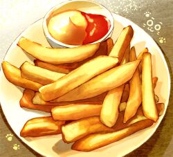 Rule 34 | absurdres, food, food focus, french fries, highres, ketchup, no humans, oikawa 2301, original, paw print, plate, shadow, still life