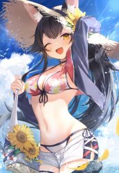 Rule 34 | 1girl, ;d, animal ear fluff, animal ears, arm up, bag, bikini, bikini under clothes, black hair, blue sky, blush, breasts, cleavage, cloud, day, ears through headwear, flower, front-tie bikini top, front-tie top, halterneck, hat, highres, hololive, leaf print, long hair, looking at viewer, medium breasts, navel, one eye closed, ookami mio, ookami mio (hololive summer 2019), open mouth, outdoors, setokane, shorts, side-tie bikini bottom, sky, smile, solo, stomach, straw hat, string bikini, sunflower, swimsuit, tail, tail around own leg, tail wrap, virtual youtuber, white shorts, wolf ears, wolf girl, wolf tail, yellow eyes