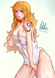 Rule 34 | 1girl, absurdres, after shower, arm tattoo, blue tattoo, breasts, cleavage, highres, long hair, mifenami, naked towel, nami (one piece), one piece, orange eyes, orange hair, shoulder tattoo, tattoo, thighs, towel, white background