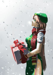 Rule 34 | 1girl, absurdres, bad id, bad pixiv id, box, braid, breath, china dress, chinese clothes, christmas, dress, expressionless, gift, gift box, gloves, green dress, green eyes, hat, highres, hong meiling, long hair, looking up, meandros, mr primavera, realistic, red hair, scarf, short sleeves, snow, snowing, solo, star (symbol), touhou, very long hair