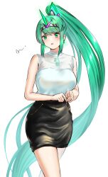Rule 34 | alternate costume, blush, breasts, green eyes, green hair, highres, large breasts, long hair, mitsugu, open mouth, pneuma (xenoblade), ponytail, skirt, transparent, white background, xenoblade chronicles (series), xenoblade chronicles 2