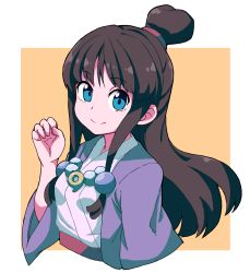 Rule 34 | 1girl, ace attorney, breasts, closed mouth, eyebrows, facing away, hair bun, hand up, highres, japanese clothes, jewelry, kimono, long hair, long sleeves, looking at viewer, magatama, magatama necklace, maya fey, necklace, obi, open clothes, palms, sash, sidelocks, single hair bun, small breasts, smile, solo, straight hair, upper body, white kimono, wide sleeves, yokoyoko (nazonazo)