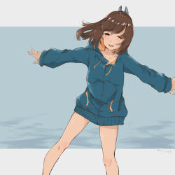 Rule 34 | 1girl, absurdres, blue jacket, brown eyes, brown hair, commentary request, feet out of frame, hair ornament, hairclip, highres, i-401 (kancolle), jacket, kantai collection, leaning forward, looking at viewer, outstretched arms, ponytail, rimiera, solo, standing