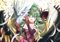 Rule 34 | 1girl, bracelet, dragon, dress, fire emblem, fire emblem: mystery of the emblem, green eyes, green hair, hair ornament, highres, jewelry, long hair, looking at viewer, naka (nicovideo14185763), nintendo, pink dress, pink legwear, pointy ears, ponytail, smile, solo, tiara, tiki (fire emblem), tiki (young) (fire emblem)