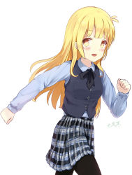 Rule 34 | 1girl, :d, bad id, bad pixiv id, beifeng han, blonde hair, blush, cyou shigen, highres, long hair, open mouth, original, pantyhose, plaid, plaid skirt, simple background, skirt, smile, solo, white background