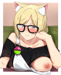 Rule 34 | 1girl, aki rosenthal, aki rosenthal (gaming casual), alternate costume, animal ear fluff, animal ears, arm rest, black-framed eyewear, black shirt, blonde hair, blouse, blue eyes, blush, breasts, cat ears, closed mouth, clothes pull, commentary request, crop top, flashing, gamarenji, glasses, hand on own cheek, hand on own face, hololive, indoors, long hair, looking at viewer, medium breasts, naughty face, nipples, off-shoulder shirt, off shoulder, one breast out, oppai challenge, parted bangs, shirt, short sleeves, smile, solo, suspenders, twintails, virtual youtuber