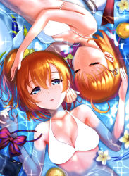 Rule 34 | 2girls, bikini, blue eyes, blush, bow, bowtie, breasts, cleavage, closed eyes, facing another, fish, flower, food, fruit, hair between eyes, hair ornament, half-closed eyes, halterneck, hand on another&#039;s head, highres, hkn (ringya), in-franchise crossover, kosaka honoka, large breasts, looking at viewer, love live!, love live! school idol project, love live! sunshine!!, multiple girls, navel, orange (fruit), orange hair, parted lips, short hair, short ponytail, side ponytail, smile, sparkle, striped bow, striped bowtie, striped clothes, swimsuit, takami chika, unworn bowtie, water, white bikini