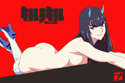 Rule 34 | 1girl, ass, black hair, boots, breasts, copyright name, cosplay, crossover, darling in the franxx, from side, high heel boots, high heels, horns, kill la kill, kiryuuin satsuki, long hair, lying, nude, on stomach, red background, simple background, solo, the pose, thick eyebrows, thigh boots, thighhighs, trigger (company), white footwear, white heels, zero two (darling in the franxx), zero two (darling in the franxx) (cosplay)