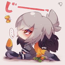 Rule 34 | ..., 10s, 1girl, = =, animal, bird, black hair, blush, bug, butterfly, chibi, closed mouth, flower, grey pantyhose, grey shirt, grey shorts, hair between eyes, insect, kemono friends, looking up, multicolored hair, muuran, necktie, no shoes, orange hair, pantyhose, profile, red eyes, shirt, shoebill, shoebill (kemono friends), short sleeves, shorts, signature, silver hair, sitting, solo, spoken ellipsis, staring, sweat, white necktie, yellow flower