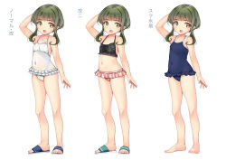 Rule 34 | absurdres, adapted costume, barefoot, bikini, blue one-piece swimsuit, bob cut, braid, breasts, brown eyes, brown headwear, butt crack, commentary request, competition school swimsuit, covered navel, floral print, frilled bikini, frilled one-piece swimsuit, frilled swimsuit, frills, full body, green hair, hat, highres, kantai collection, mismatched bikini, multiple views, nontraditional school swimsuit, official alternate costume, one-piece swimsuit, sandals, school swimsuit, short hair, sidelocks, small breasts, sun hat, swimsuit, swimsuit skirt, takanami (kancolle), takanami kai ni (kancolle), white one-piece swimsuit, yashin (yasinz)