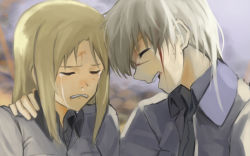 Rule 34 | 2girls, :d, ^ ^, adelheid, black shirt, blonde hair, blood, blouse, closed eyes, collared shirt, crying, eyebrows, grey hair, hair between eyes, hand on another&#039;s neck, hanna rudel, heads together, injury, long hair, military, military uniform, multiple girls, nose, open mouth, scar, scar on face, scar on nose, shiratama (hockey), shirt, sidelocks, smile, snot, streaming tears, tears, teeth, uniform, world witches series
