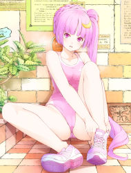 Rule 34 | 1girl, adjusting clothes, adjusting shoe, alternate costume, alternate hairstyle, bare legs, blush, breasts, brick wall, cameltoe, cleft of venus, crescent, crescent hair ornament, english text, french text, hair ornament, highres, legs, leotard, long hair, mikoma sanagi, no headwear, no headwear, no socks, open mouth, patchouli knowledge, pink theme, purple eyes, purple hair, shoes, side ponytail, sitting, sneakers, solo, sweat, tile floor, tiles, touhou, very long hair