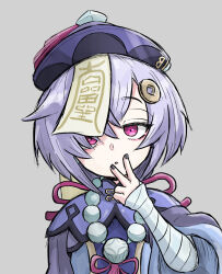 Rule 34 | amon higu3106, bandaged arm, bandages, bead necklace, beads, coin hair ornament, dress, expressionless, genshin impact, grey background, hair ornament, half-closed eyes, hat, jewelry, jiangshi, looking at viewer, necklace, ofuda, ofuda on head, pale skin, parted lips, purple dress, purple eyes, purple hair, purple headwear, qingdai guanmao, qiqi (genshin impact), tareme, upper body, v, wide sleeves