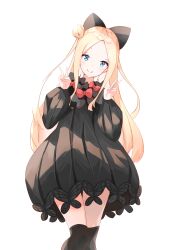 Rule 34 | 1girl, abigail williams (fate), absurdres, black bow, black dress, black thighhighs, blonde hair, blue eyes, blush, bow, bug, butterfly, closed mouth, commentary request, dress, fate/grand order, fate (series), feet out of frame, forehead, hair bun, hands up, head tilt, highres, insect, long hair, long sleeves, looking at viewer, orange bow, parted bangs, puffy long sleeves, puffy sleeves, simple background, single side bun, smile, solo, thighhighs, very long hair, white background, yukaa