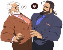 Rule 34 | 2boys, annoyed, bara, beard, black hair, black shirt, blue eyes, business suit, dark-skinned male, dark persona, dark skin, dual persona, eye contact, facial hair, formal, glasses, handkerchief, highres, jp (street fighter), large pectorals, long hair, looking at another, male focus, mature male, multiple boys, muscular, muscular male, mustache, necktie, old, old man, pectorals, ponytail, rectangular eyewear, sa1k0p, shirt, smile, speech bubble, street fighter, street fighter 6, suit, sweatdrop, thick eyebrows, thick mustache, white hair, white shirt