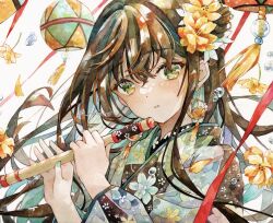 Rule 34 | 1girl, black kimono, blue flower, blue hair, blue nails, brown hair, bubble, colored inner hair, earrings, floral print, flower, flute, gold earrings, green eyes, hair between eyes, hair flower, hair ornament, highres, holding, holding instrument, instrument, japanese clothes, jewelry, kimono, lantern, light blue hair, light blue kimono, long hair, looking at viewer, multicolored eyes, multicolored hair, nail polish, orange flower, original, painting (medium), paper lantern, parted lips, red ribbon, ribbon, single earring, sleeves past elbows, solo, stick, traditional media, twitter username, watercolor (medium), watermark, white background, wide sleeves, yellow flower, yukoring