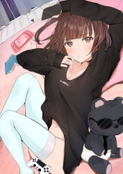 Rule 34 | 1girl, absurdres, bed, black shirt, blue pantyhose, blush, book, breasts, brown eyes, brown hair, cleavage, closed mouth, controller, game controller, highres, long sleeves, looking at viewer, lying, navel, on back, original, panties, pantyhose, shirt, short hair, solo, stuffed animal, stuffed toy, teddy bear, uiri-na, underwear